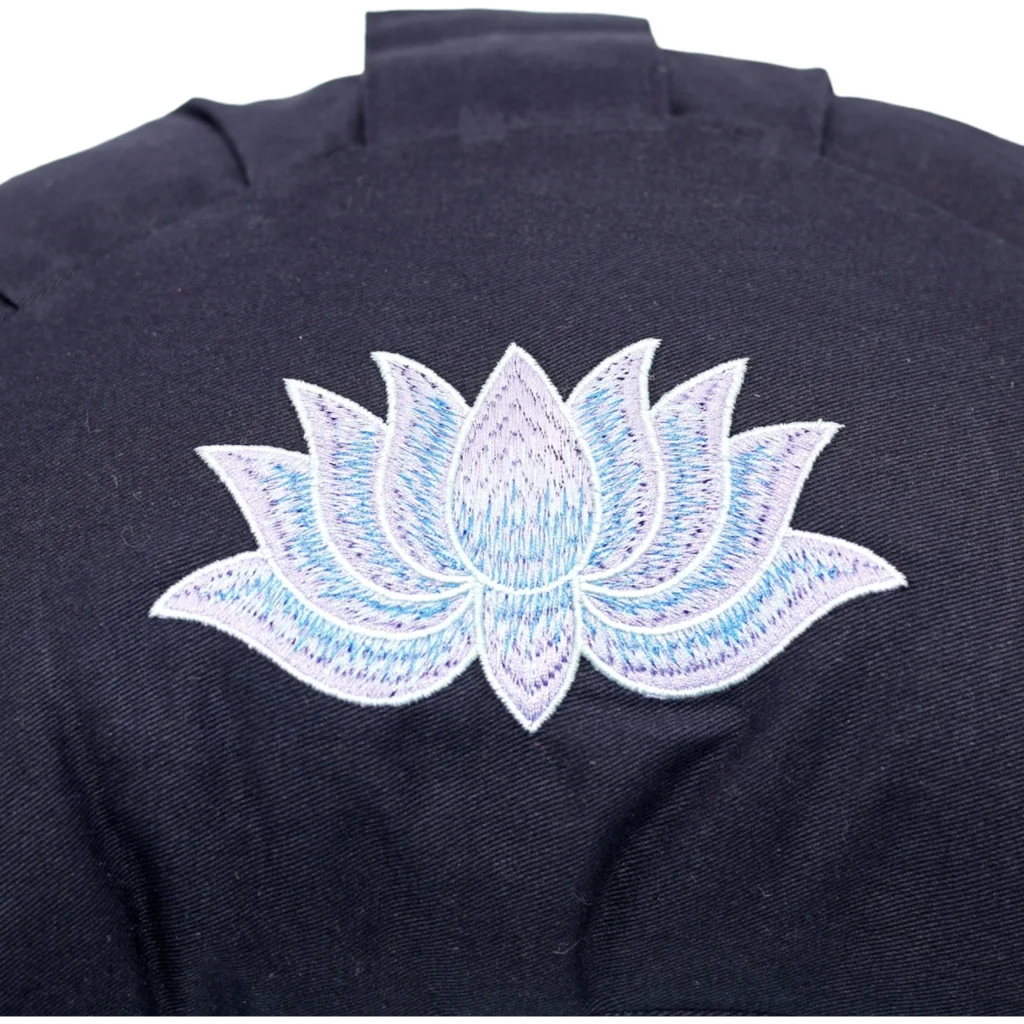 Bio Meditationskissen+Yogakissen Halbmond mit Lotus-Stickerei in Dunkelblau Blau von BAGHI Größe 43x23 cm Höhe 18 cm