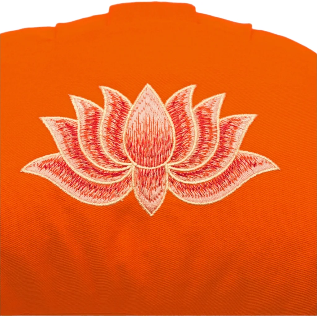 Bio Meditationskissen+Yogakissen Halbmond mit Lotus-Stickerei in Orange von BAGHI Größe 43x23 cm Höhe 18 cm