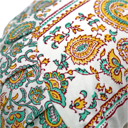 Bio Meditationskissen+Yogakissen Halbmond mit Paisley-Muster in Orange+Bordeaux Orange+Rot Muster Bedruckt von BAGHI Größe 43x23 cm Höhe 18 cm