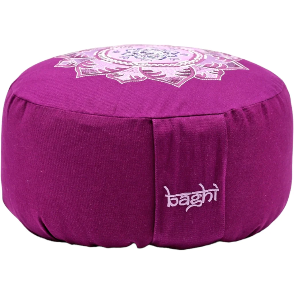 Bio Meditationskissen+Yogakissen rund mit Om-Stickerei in Lila von BAGHI Größe Ø 30 cm Höhe 15 cm