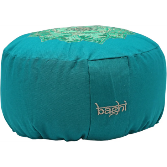 Bio Meditationskissen+Yogakissen rund mit Om-Stickerei in Petrol Blau von BAGHI Größe Ø 30 cm Höhe 15 cm