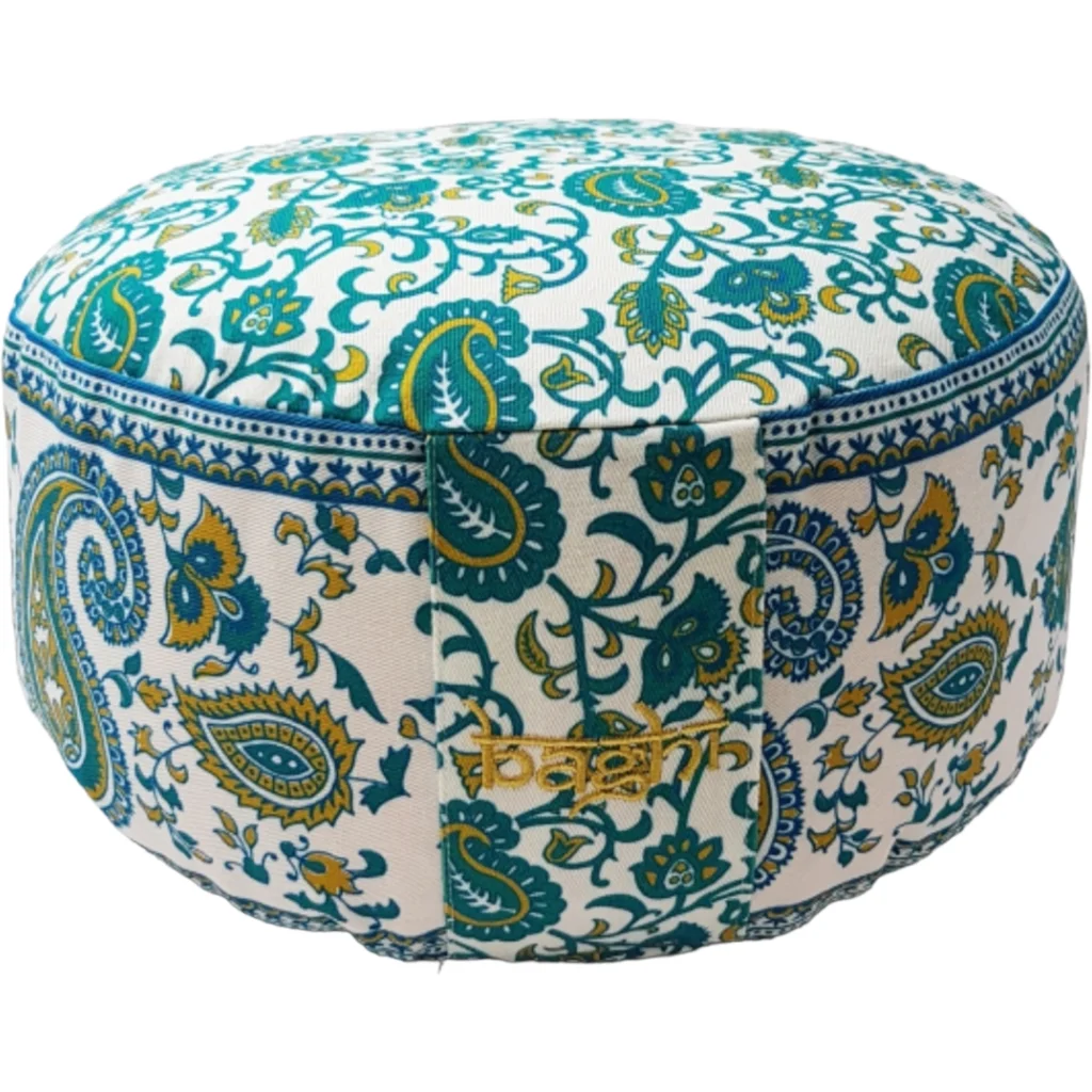 Bio Meditationskissen+Yogakissen rund mit Paisley-Muster in Limette+Petrol Gelb+Blau Muster Bedruckt von BAGHI Größe Ø 30 cm Höhe 15 cm