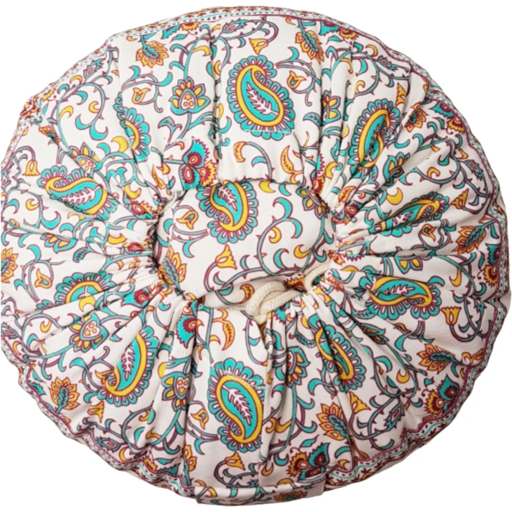 Bio Meditationskissen+Yogakissen rund mit Paisley-Muster in Orange+Bordeaux Orange+Rot Muster Bedruckt von BAGHI Größe Ø 30 cm Höhe 15 cm