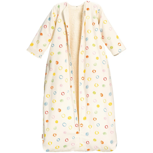 Bio Satin Baby-Schlafsack Kritzelkreise mit Teddyplüschfutter und abnehmbaren Ärmeln in Muster Kritzelkreise von Cotonea Größe 90 (ca. 97 cm)