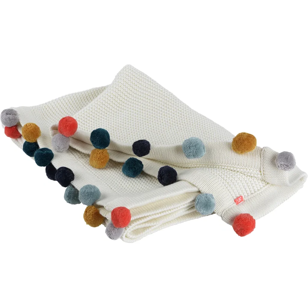 Bio Strick Baby-Decke mit Pompoms in Creme von kikadu Größe 80x100 cm