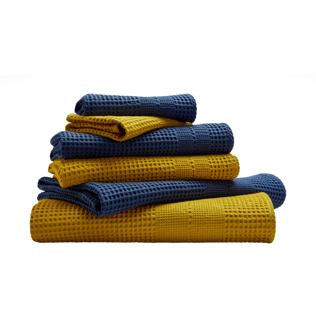 Bio Waffelpiqué Geschenkset 6-teilig in Curry+Azurblau Blau+Gelb von Cotonea Größe 2x 35x50 cm+ 2x 50x100 cm+ 2x 70x140 cm