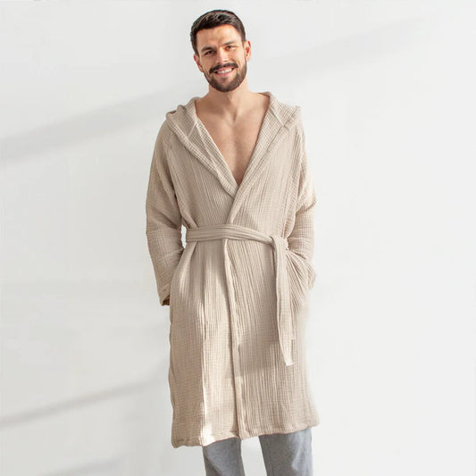 Musselin Morgenmantel in Sand Beige von Jean&Len Größe XS+S