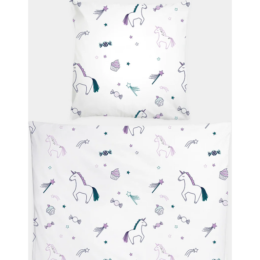 Perkal Kinder-Bettwäsche Einhorn Garnitur in Muster Einhorn von KATHA covers Größe 135x200 + 80x80 cm