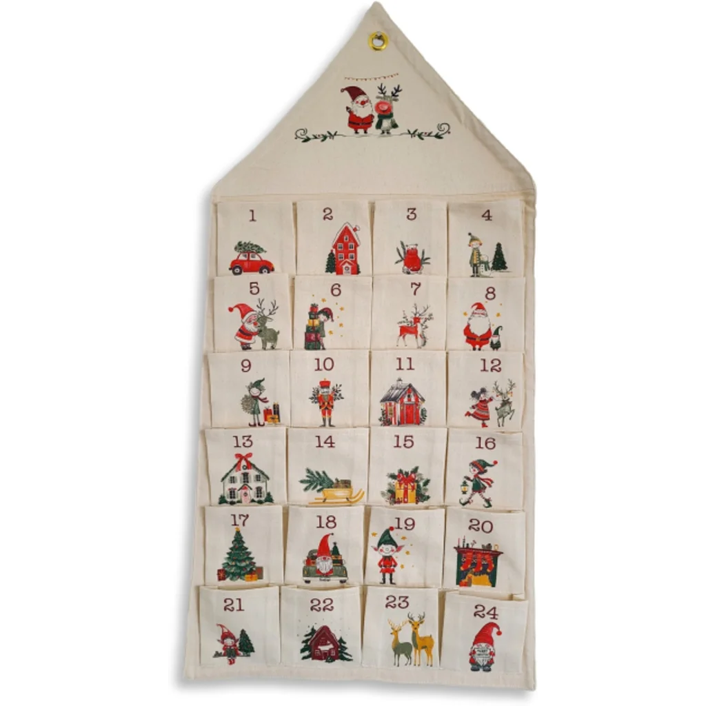 Adventskalender in Creme Muster Weihnachtsmotive von Frida Feeling Größe 42x84 cm