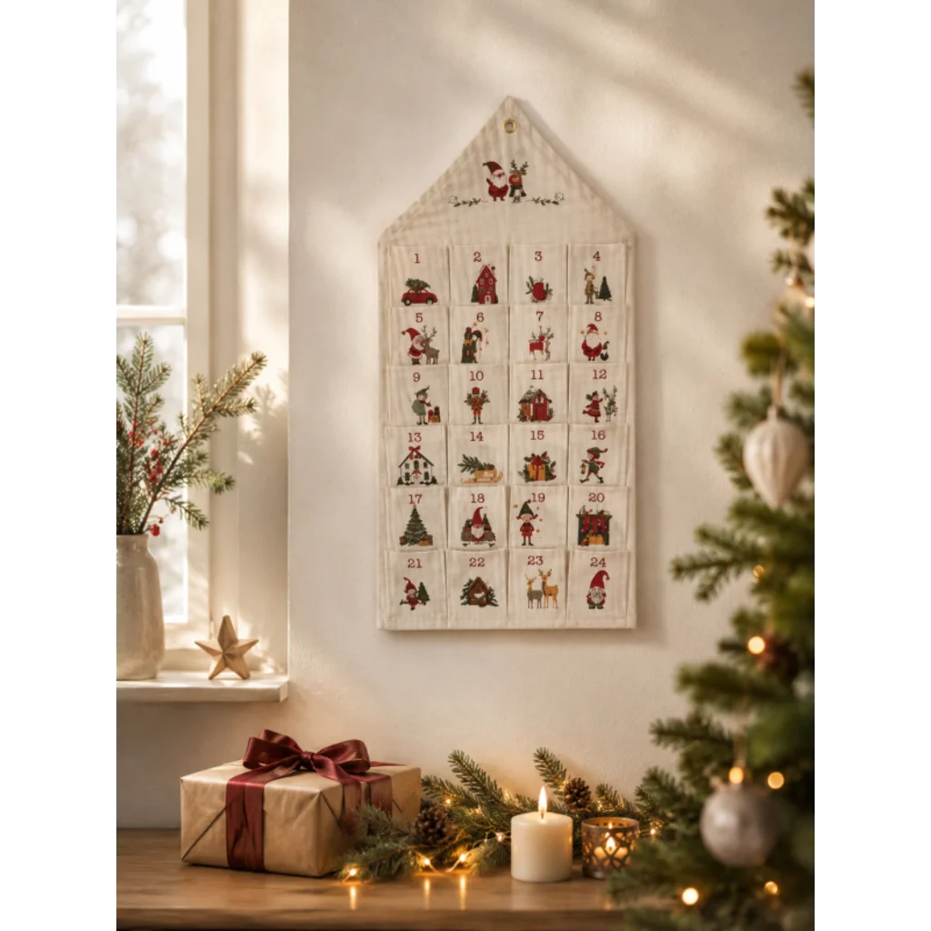 Adventskalender in Creme Muster Weihnachtsmotive von Frida Feeling Größe 42x84 cm