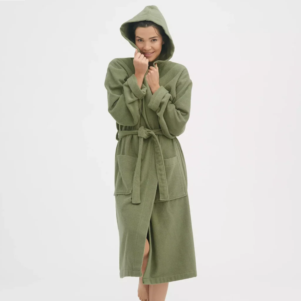 Bio Frottier Bademantel ORLANDO in Khaki Grün von Living Crafts Größe S+M
