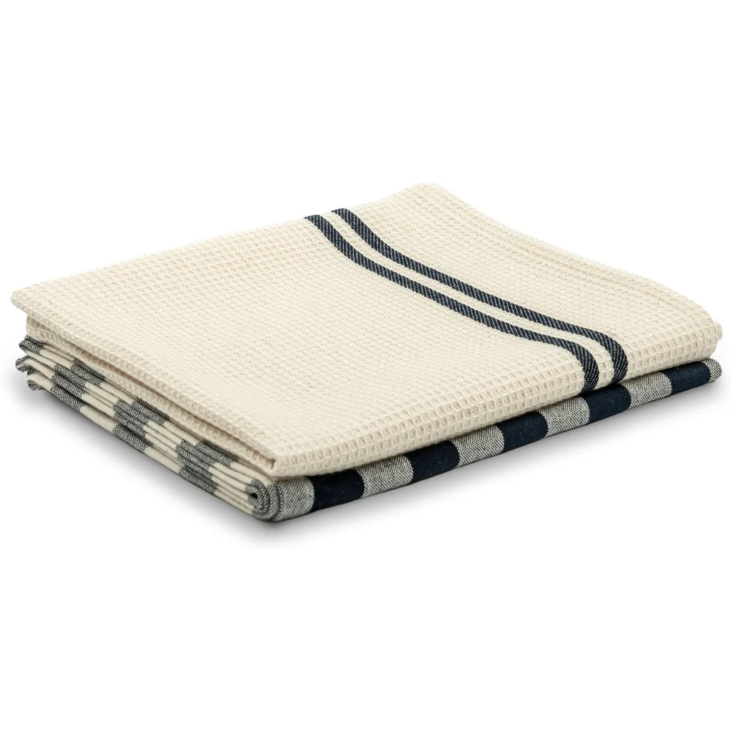 Bio Geschirrtuch 2er-Pack in Creme+Dunkelblau Creme+Blau Muster Streifen und Karo von Living Crafts Größe 50x75 cm
