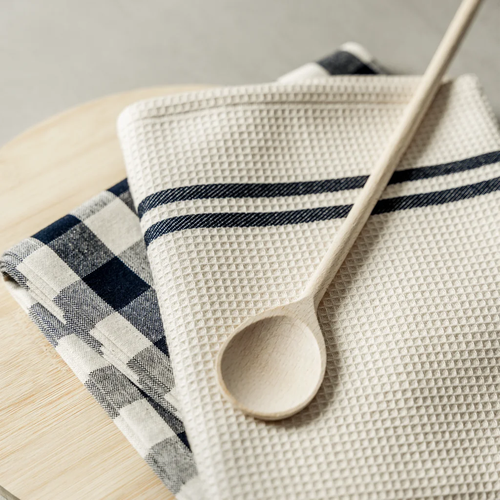 Bio Geschirrtuch 2er-Pack in Creme+Dunkelblau Creme+Blau Muster Streifen und Karo von Living Crafts Größe 50x75 cm