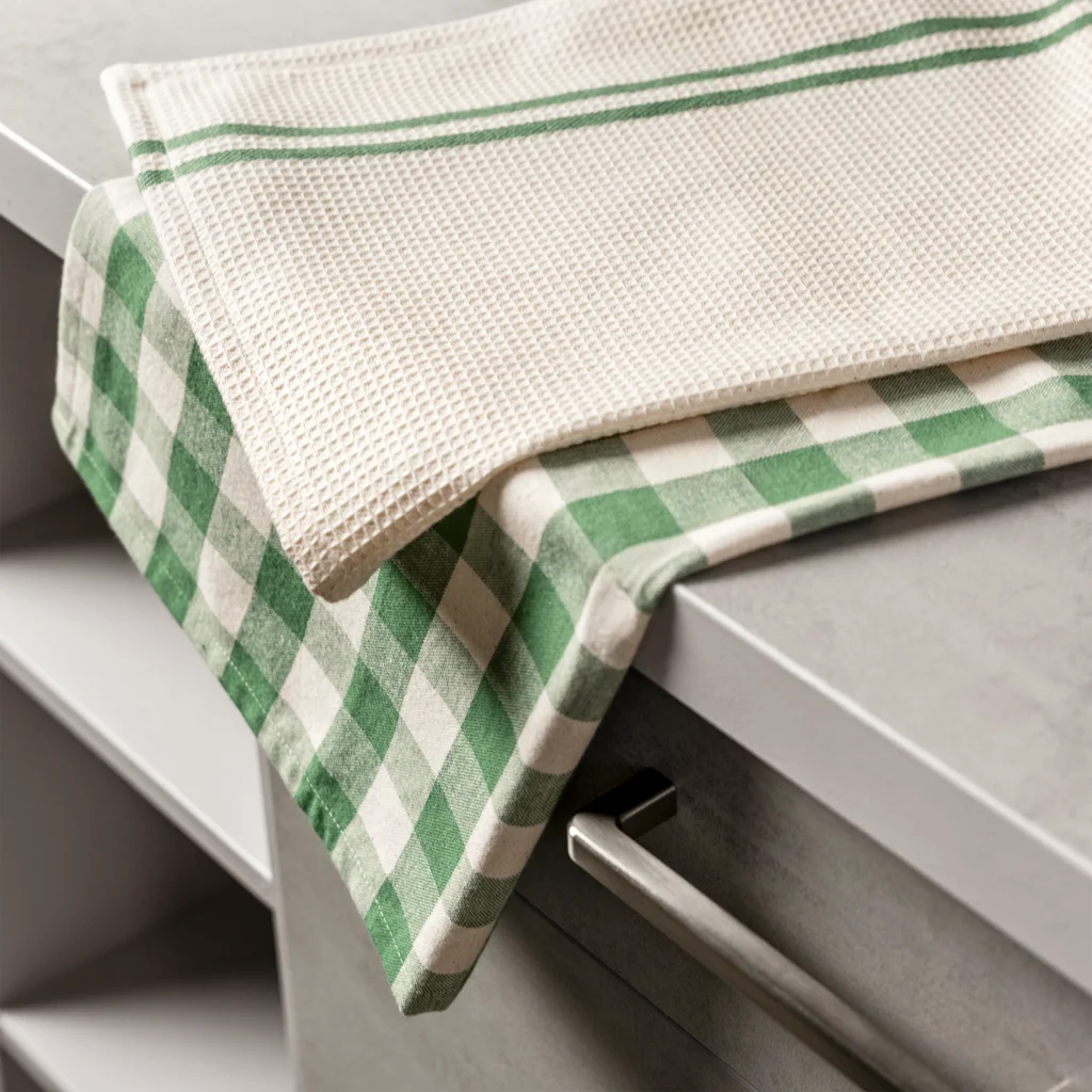 Bio Geschirrtuch 2er-Pack in Creme+Grün Muster Streifen und Karo von Living Crafts Größe 50x75 cm