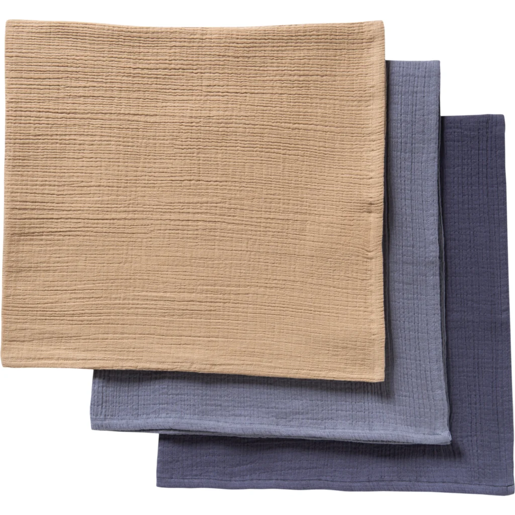 Bio Musselin Baby-Tuch 3er-Pack in Dunkelblau+Taubenblau+Sand Blau+Blau+Beige von biobaby Größe 65x65 cm