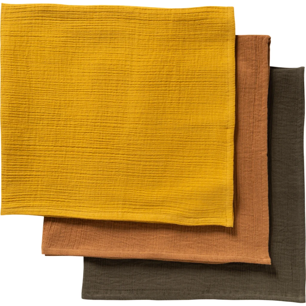 Bio Musselin Baby-Tuch 3er-Pack in Khaki+Karamell+Senfgelb Grün+Braun+Gelb von biobaby Größe 65x65 cm