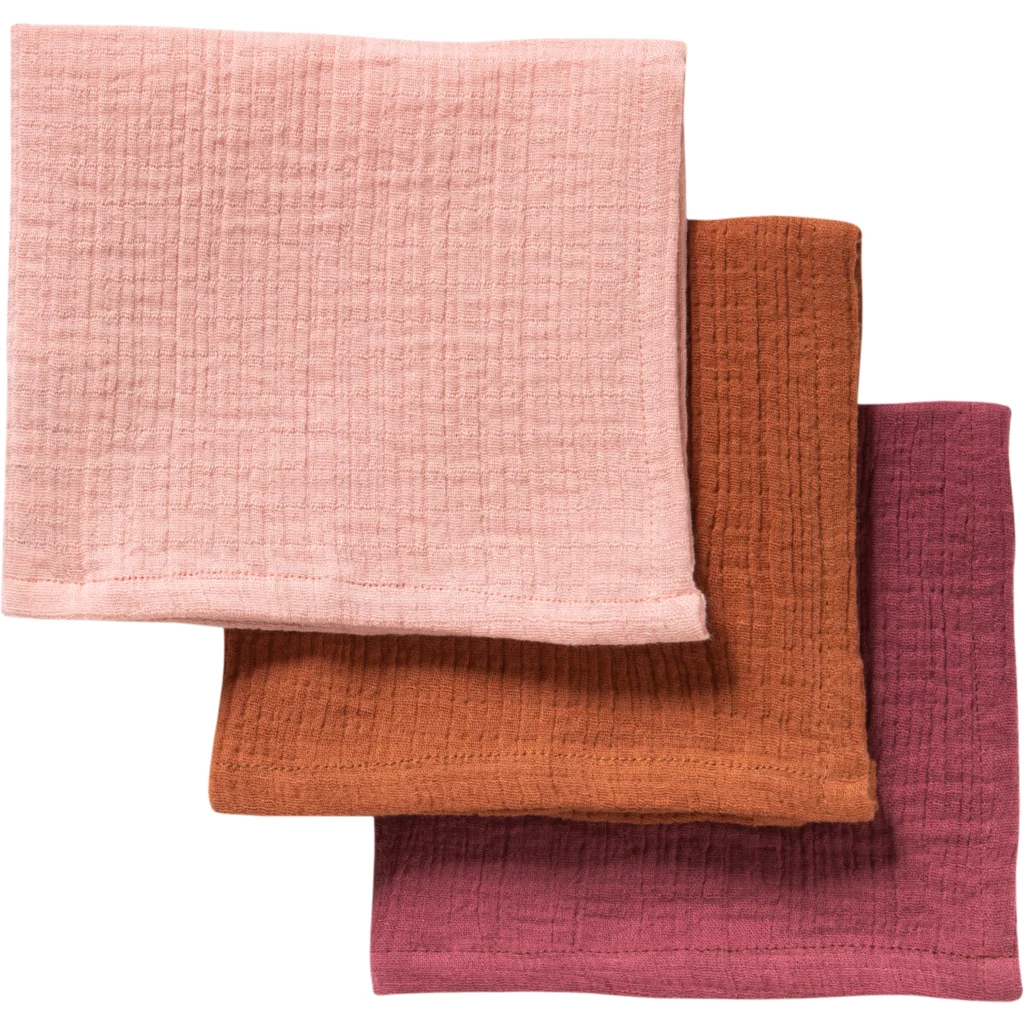 Bio Musselin Waschlappen 3er-Pack in Bordeaux+Zimt+Rosa Rot+Braun+Rosa von biobaby Größe 25x25 cm