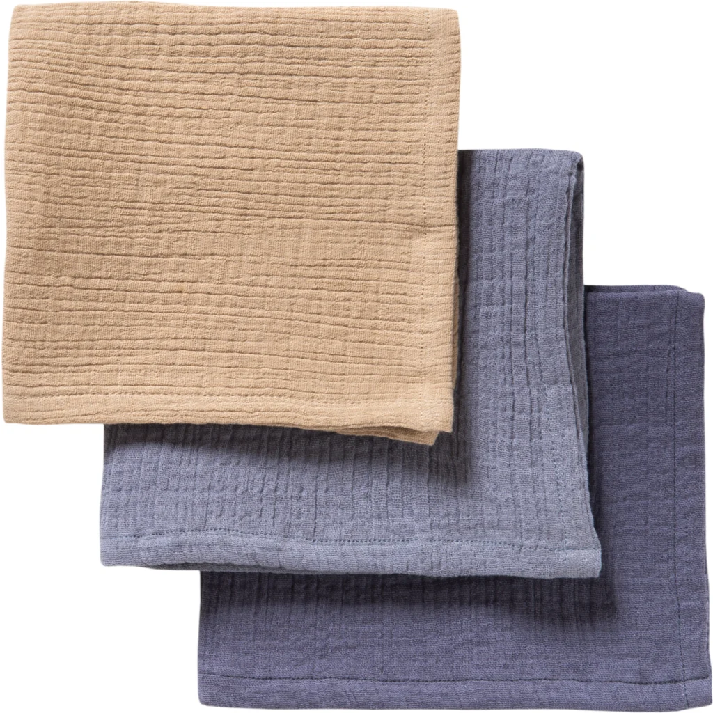 Bio Musselin Waschlappen 3er-Pack in Dunkelblau+Taubenblau+Sand Blau+Blau+Beige von biobaby Größe 25x25 cm