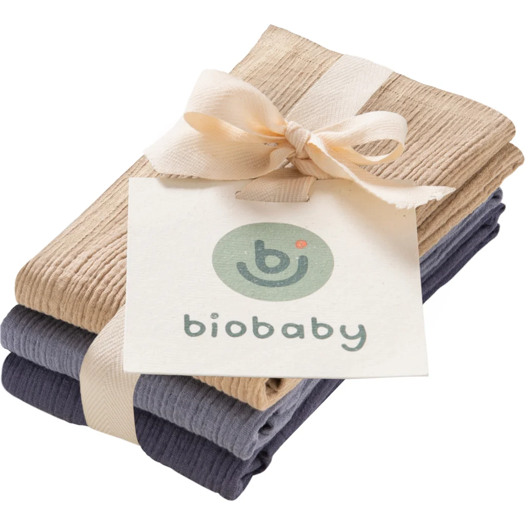 Bio Musselin Waschlappen 3er-Pack in Dunkelblau+Taubenblau+Sand Blau+Blau+Beige von biobaby Größe 25x25 cm