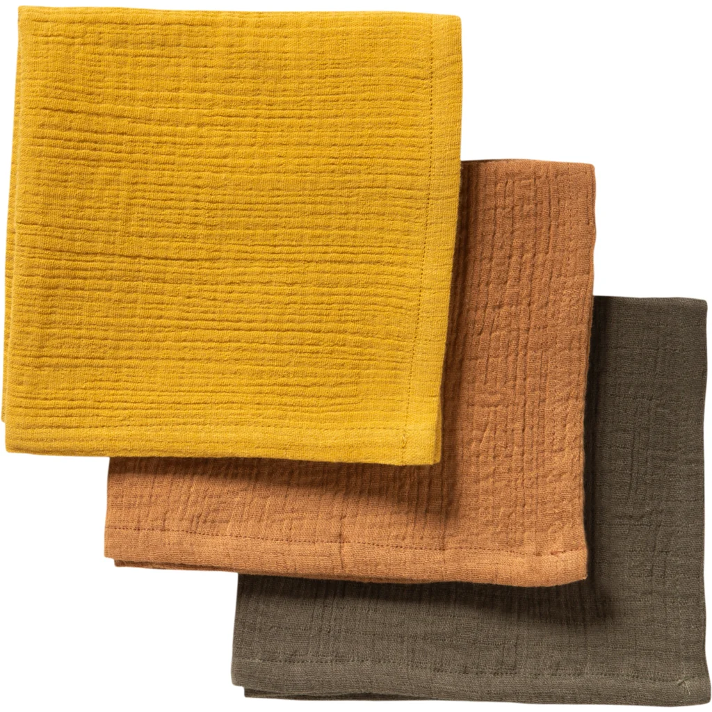 Bio Musselin Waschlappen 3er-Pack in Khaki+Karamell+Senfgelb Grün+Braun+Gelb von biobaby Größe 25x25 cm