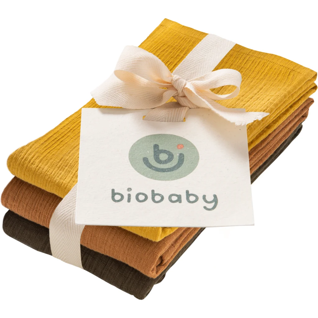 Bio Musselin Waschlappen 3er-Pack in Khaki+Karamell+Senfgelb Grün+Braun+Gelb von biobaby Größe 25x25 cm