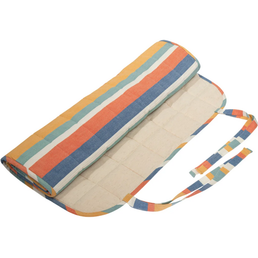 Bio Strandmatte Streifen in Blau+Türkis+Orange+Creme Blau+Blau+Orange+Creme Muster Streifen von Living Crafts Größe 75x190 cm