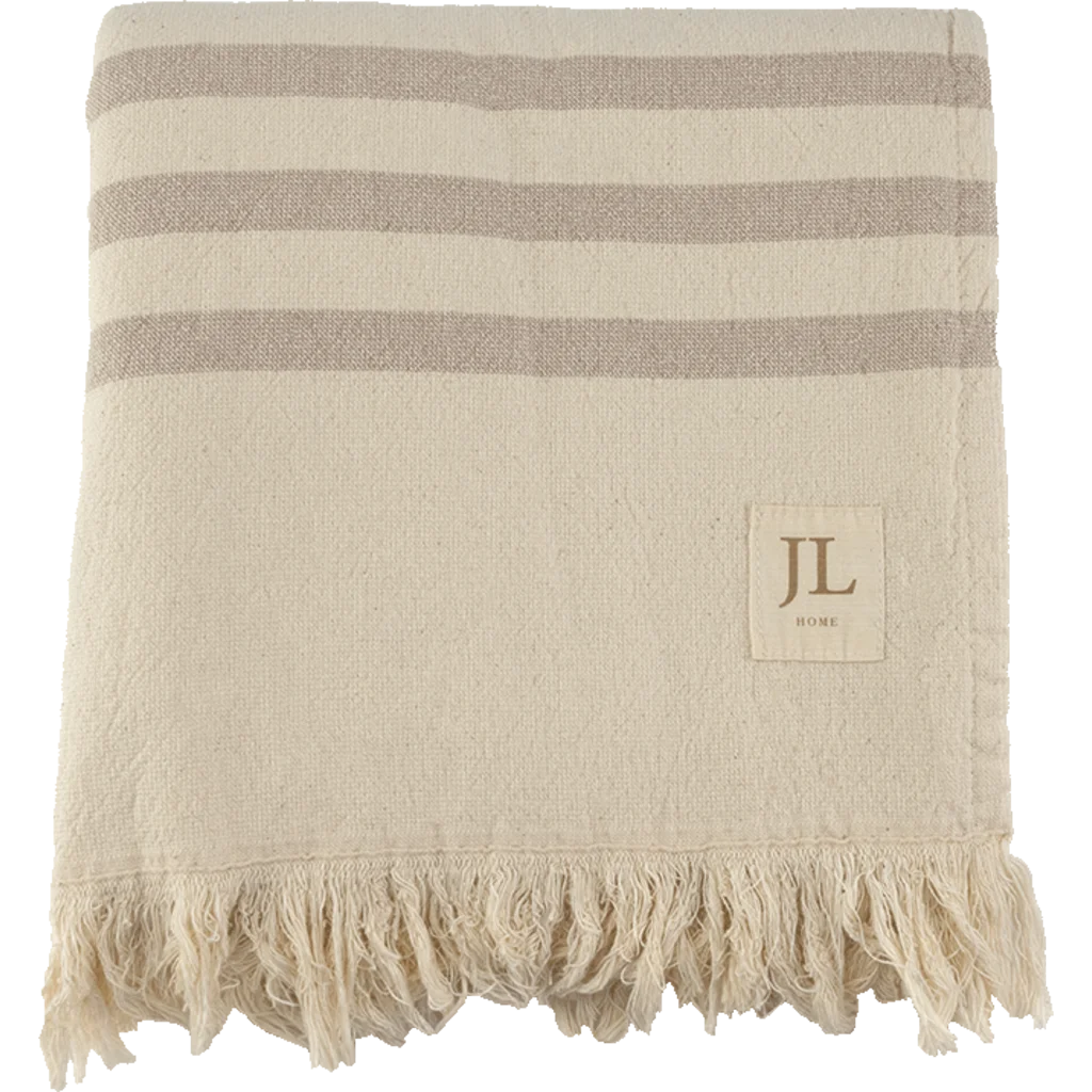 Bio Strandtuch mit Fransen in Creme+Beige Muster Streifen von Jean&Len Größe 90x165 cm