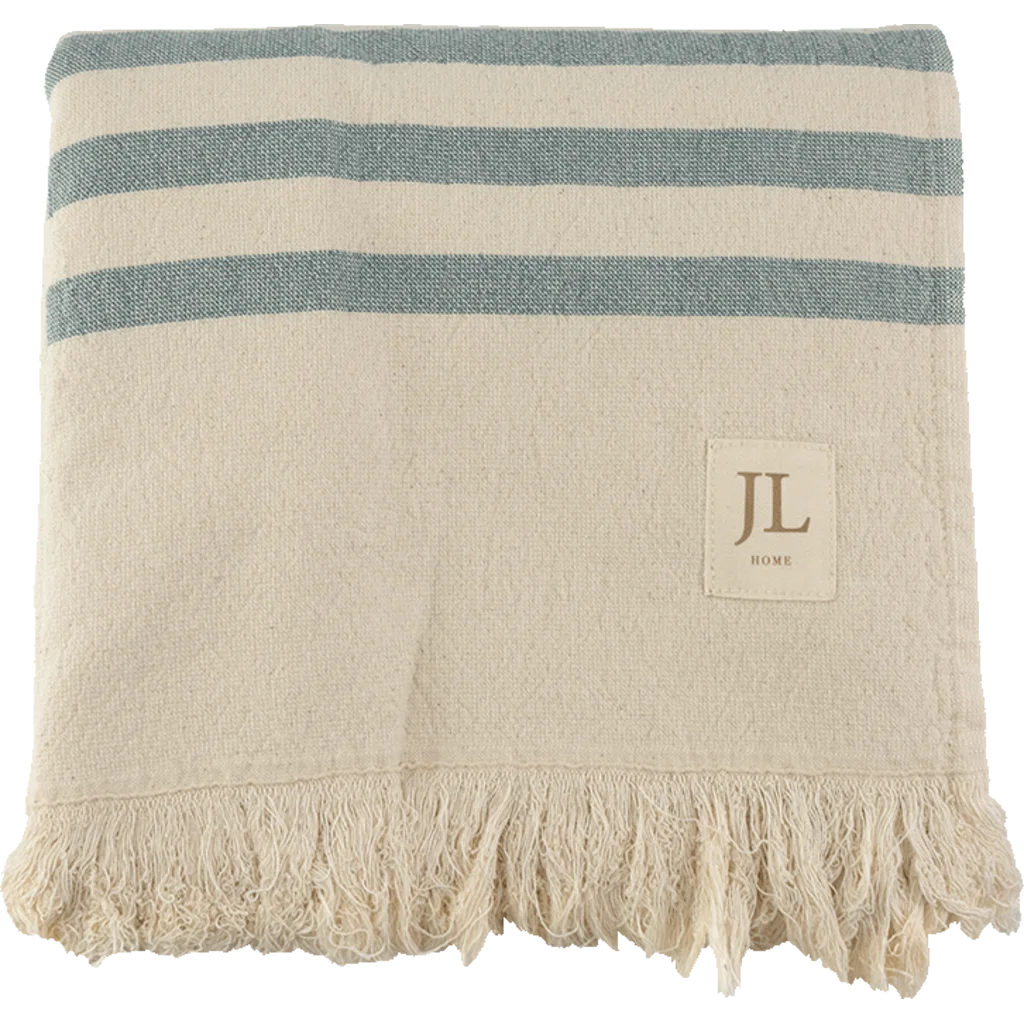 Bio Strandtuch mit Fransen in Creme+Blau Muster Streifen von Jean&Len Größe 90x165 cm