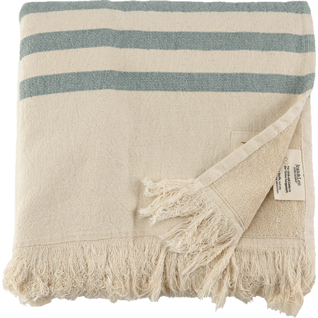 Bio Strandtuch mit Fransen in Creme+Blau Muster Streifen von Jean&Len Größe 90x165 cm