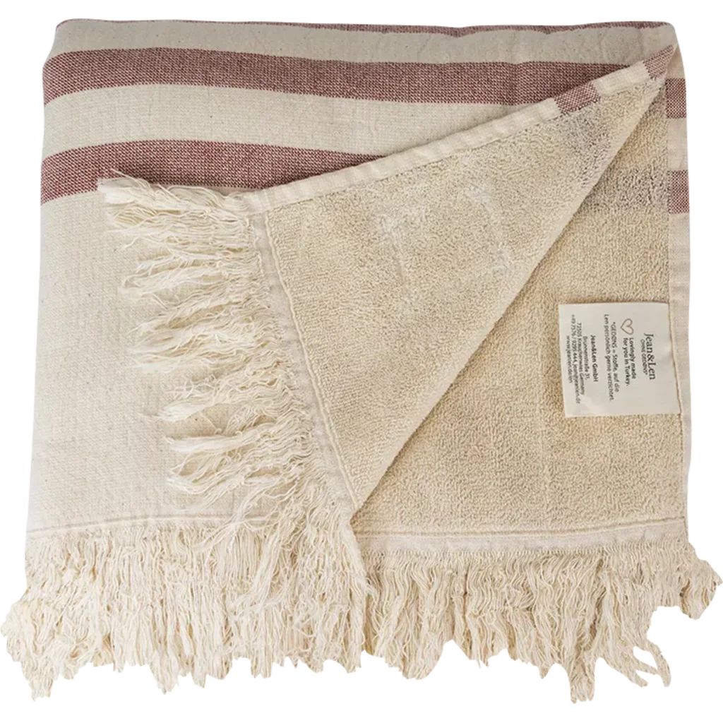 Bio Strandtuch mit Fransen in Creme+Braun Muster Streifen von Jean&Len Größe 90x165 cm