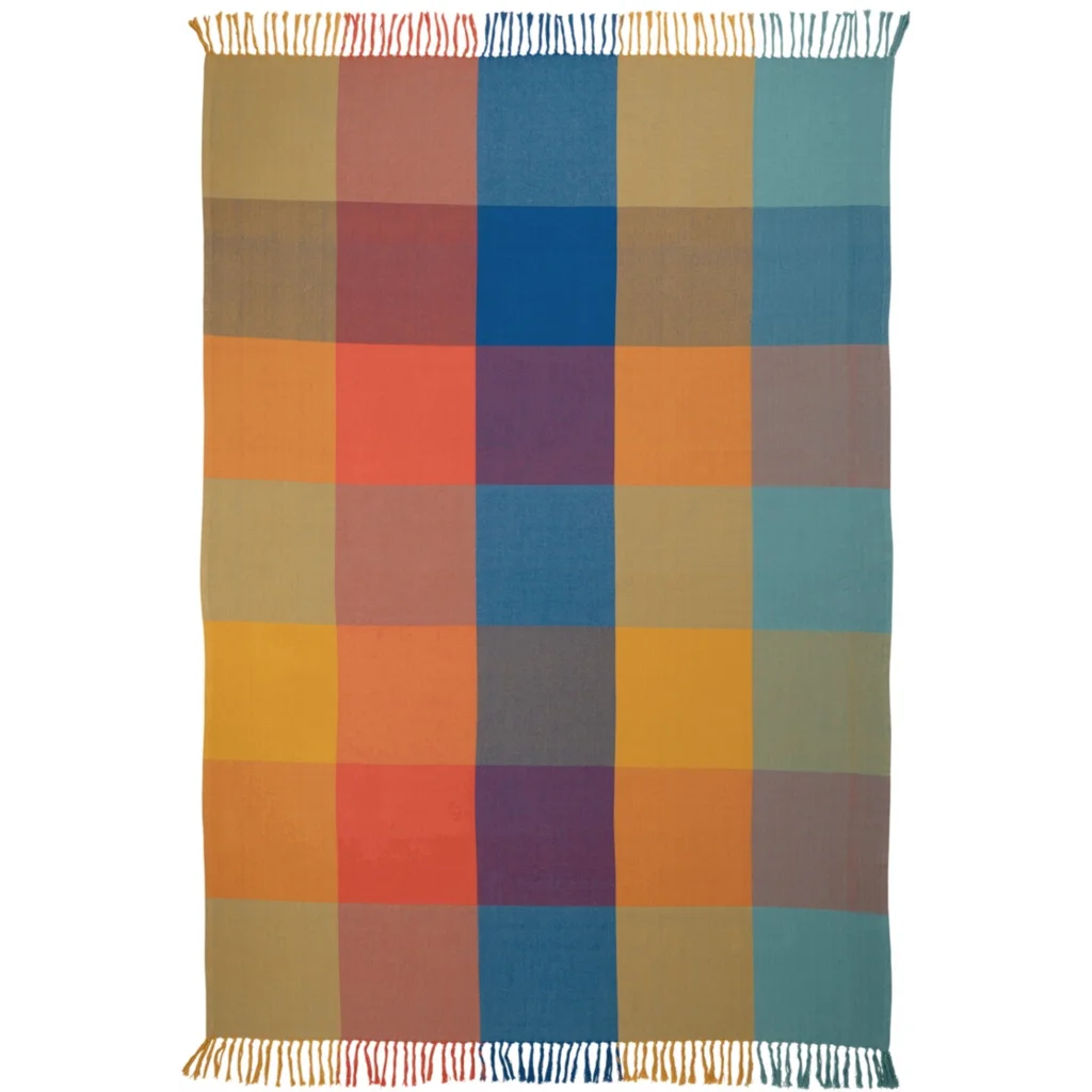 Bio Twill Decke mit Karo-Muster in Blau+Türkis+Orange+Gelb Blau+Blau+Orange+Gelb Muster Karo von Living Crafts Größe 120x160 cm