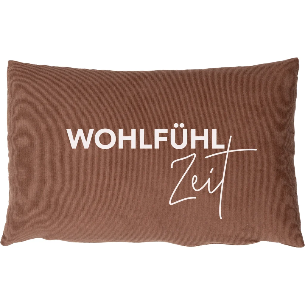 Cord Kissen rechteckig mit Füllung Zirbenholz WOHLFÜHLZEIT in Braun Muster Unifarben mit Aufdruck von herbalind Größe 30x20 cm