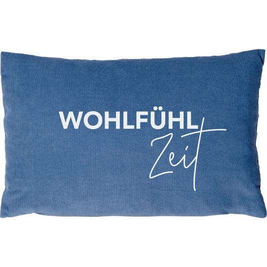 Cord Kissen rechteckig mit Füllung Zirbenholz WOHLFÜHLZEIT in Jeansblau Blau Muster Unifarben mit Aufdruck von herbalind Größe 30x20 cm