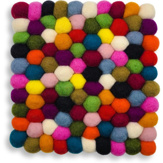 Filz Untersetzer quadratisch mit großen Kugeln in Rot+Gelb+Grün+Blau Muster Bunt von Frida Feeling Größe 20x20 cm