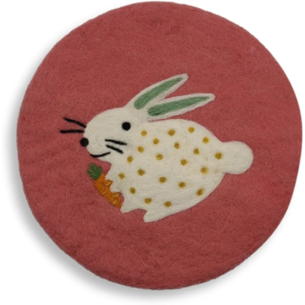 Filz Untersetzer rund Hase in Koralle+Weiß Rot+Weiß Muster Hase von Frida Feeling Größe Ø 21 cm