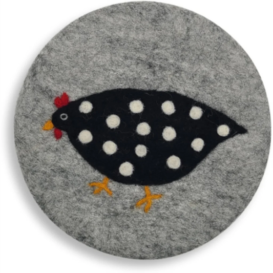 Filz Untersetzer rund Huhn in Hellgrau+Schwarz Grau+Schwarz Muster Huhn von Frida Feeling Größe Ø 21 cm