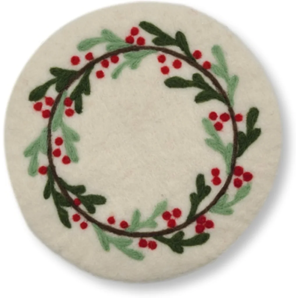 Filz Untersetzer rund Mistelzweige in Creme+Rot+Dunkelgrün+Hellgrün Creme+Rot+Grün+Grün Muster Mistelzweige von Frida Feeling Größe Ø 21 cm
