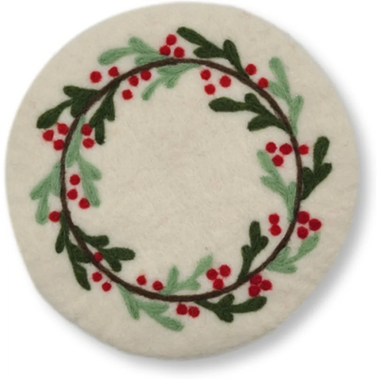 Filz Untersetzer rund Mistelzweige in Creme+Rot+Dunkelgrün+Hellgrün Creme+Rot+Grün+Grün Muster Mistelzweige von Frida Feeling Größe Ø 21 cm