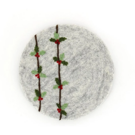 Filz Untersetzer rund Stechpalme in Hellgrau+Olive+Rot Grau+Grün+Rot Muster Stechpalme von GLOBO Größe Ø 21 cm