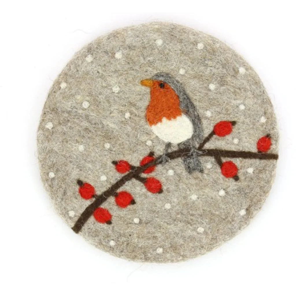 Filz Untersetzer rund Vogel in Hellgrau++Rot Grau+Rot Muster Vogel von GLOBO Größe Ø 21 cm