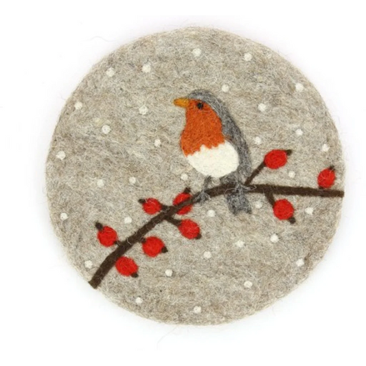 Filz Untersetzer rund Vogel in Hellgrau+Rot Grau+Rot Muster Vogel von GLOBO Größe Ø 21 cm