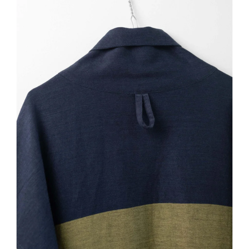 Halbleinen Morgenmantel Blockstreifen in Dunkelblau+Olive Blau+Grün Muster Streifen von Linen Tales Größe Einheitsgröße