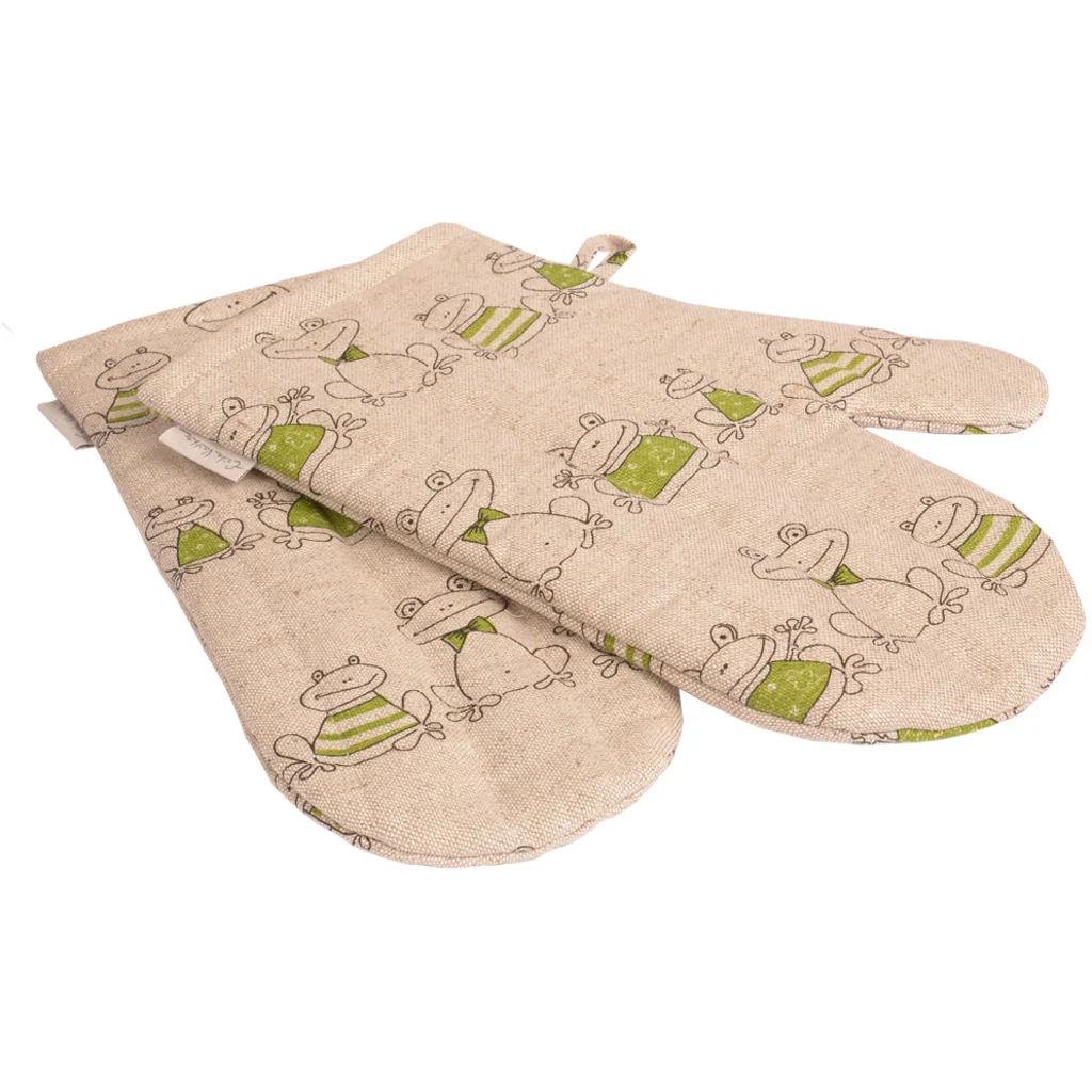 Halbleinen Ofenhandschuh Frosch 2er-Pack in Beige+Grün+Schwarz Muster Frosch von Erika Vaitkute Größe 15x30 cm