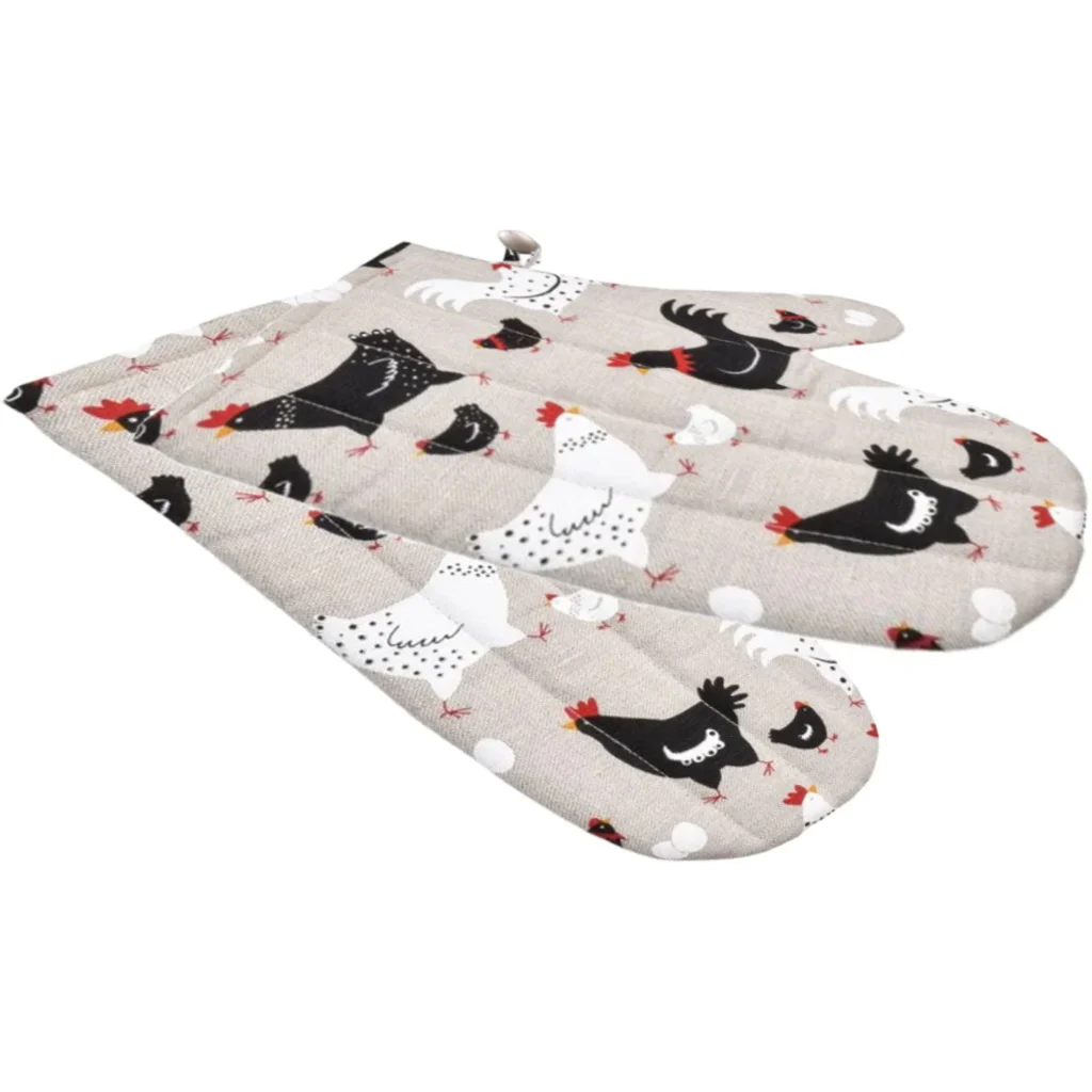 Halbleinen Ofenhandschuh Huhn 2er-Pack in Beige+Rot+Schwarz+Weiß Muster Huhn von Erika Vaitkute Größe 15x30 cm
