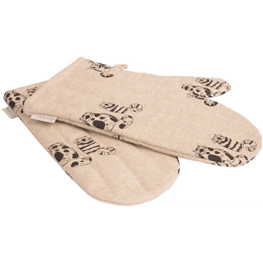 Halbleinen Ofenhandschuh Katze 2er-Pack in Beige+Schwarz Muster Katze von Erika Vaitkute Größe 15x30 cm