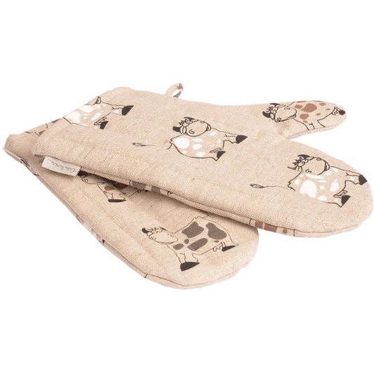 Halbleinen Ofenhandschuh Kuh 2er-Pack in Beige+Schwarz Muster Kuh von Erika Vaitkute Größe 15x30 cm