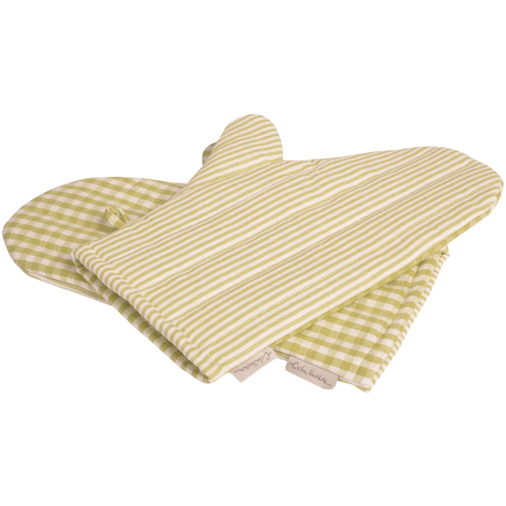Halbleinen Ofenhandschuh Streifen+Karo 2er-Set in Weiß+Hellgrün Weiß+Grün Muster Streifen+Karo von Erika Vaitkute Größe 15x30 cm