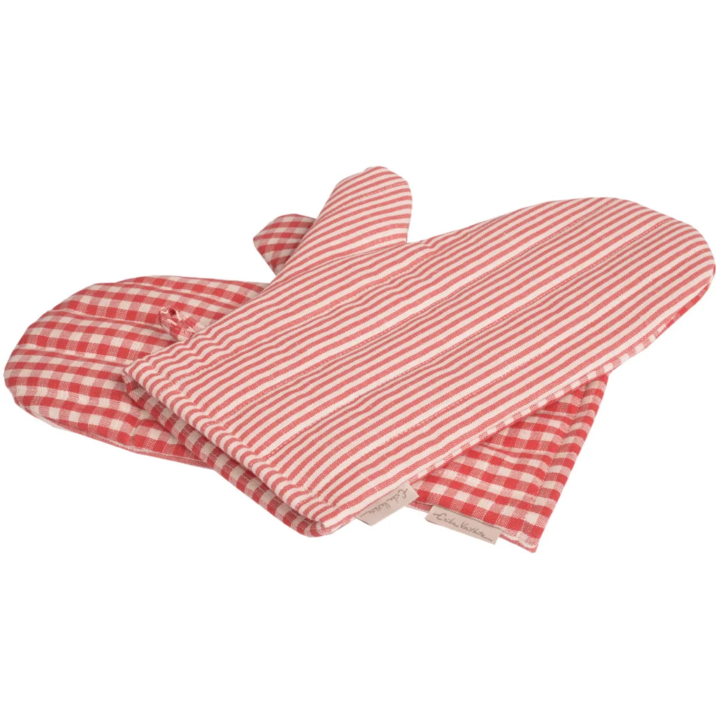 Halbleinen Ofenhandschuh Streifen+Karo 2er-Set in Weiß+Rot Muster Streifen+Karo von Erika Vaitkute Größe 15x30 cm