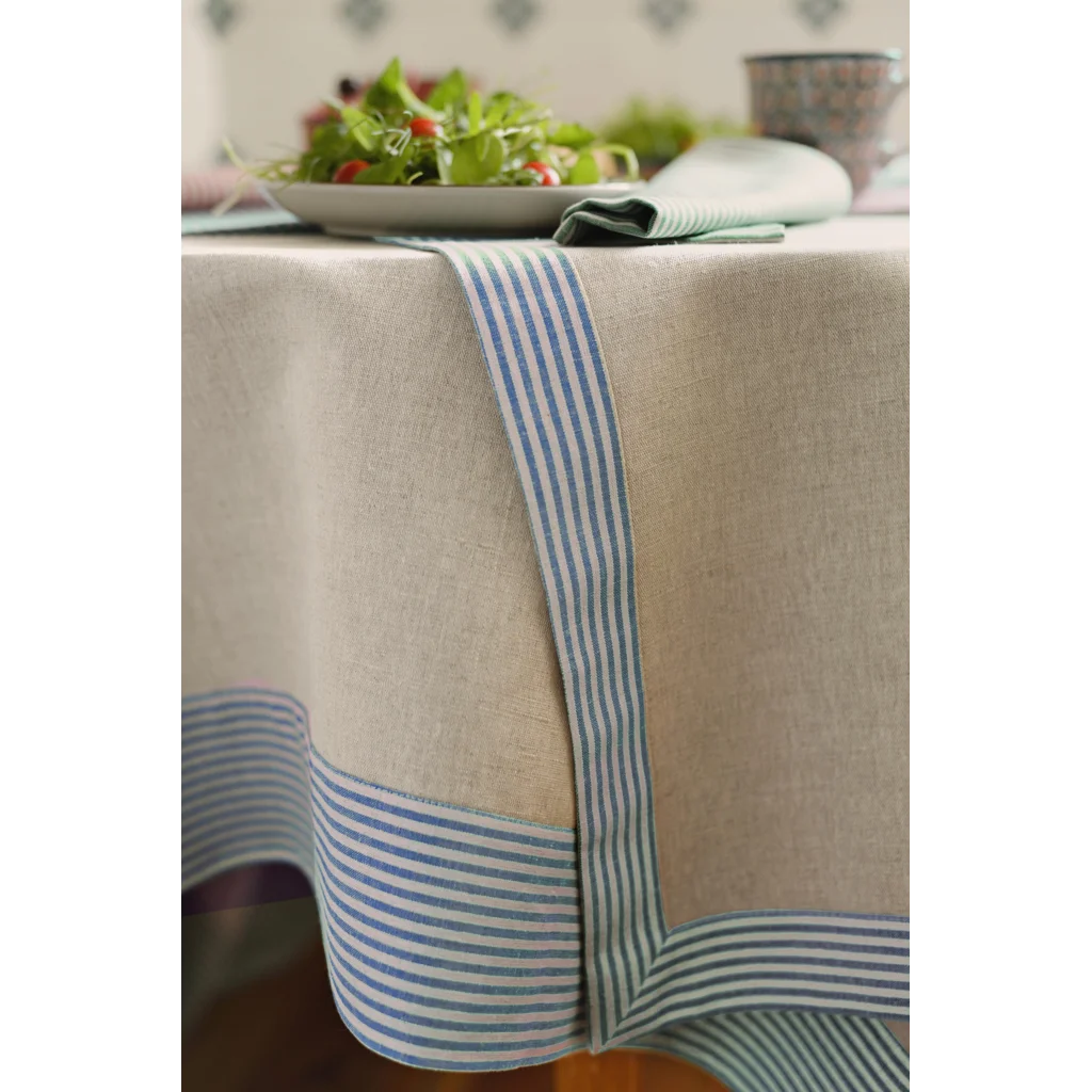 Halbleinen Tischdecke MILDA in Beige+Rot Muster Streifen von Erika Vaitkute Größe 90x90 cm