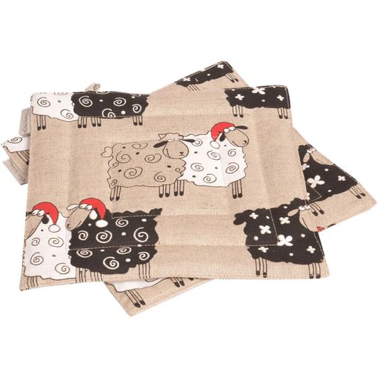Halbleinen Topflappen Schaf 2er-Pack in Beige+Rot+Schwarz+Weiß Muster Schaf von Erika Vaitkute Größe 23x23 cm